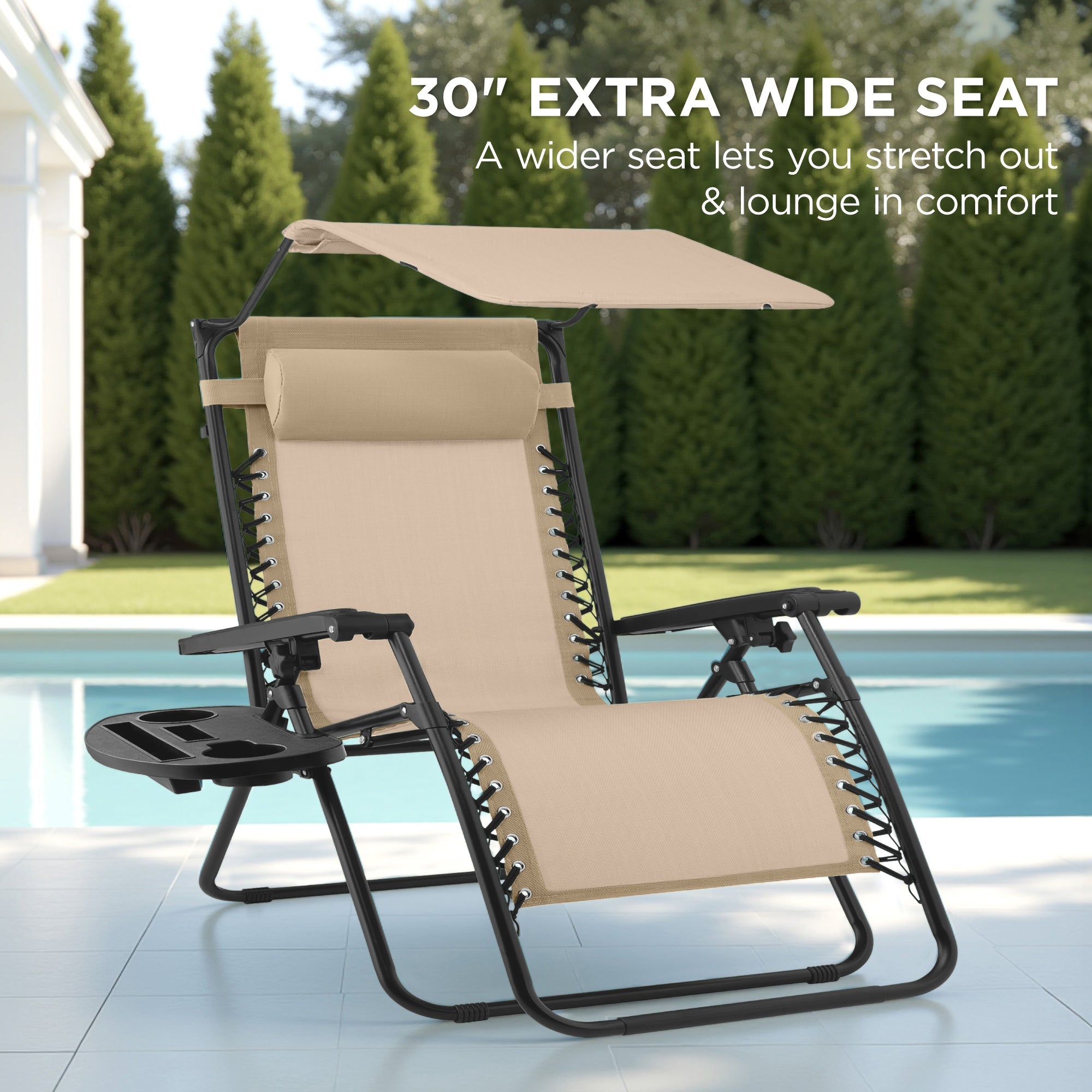 30" Wide Folding Zero Gravity Patio Lounge Chair w/Adjustable Canopy Shade