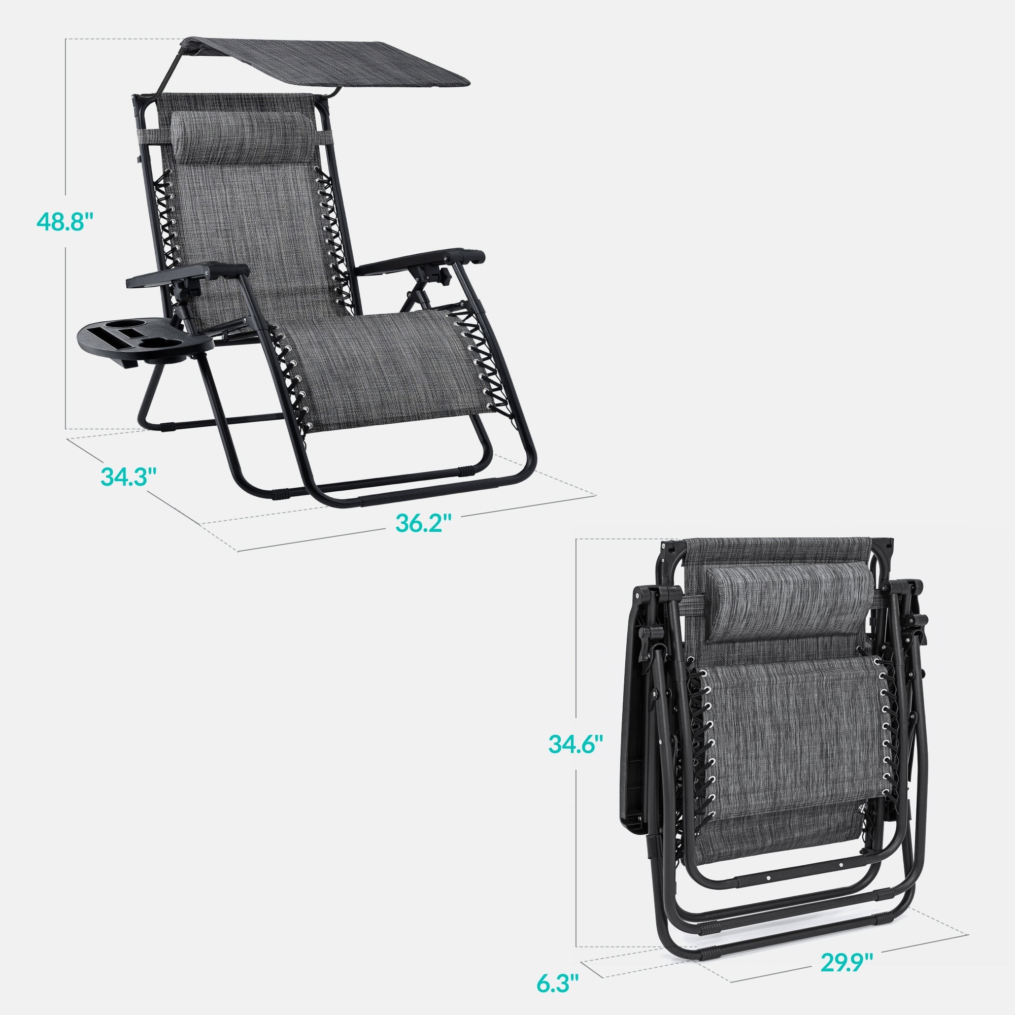 30" Wide Folding Zero Gravity Patio Lounge Chair w/Adjustable Canopy Shade