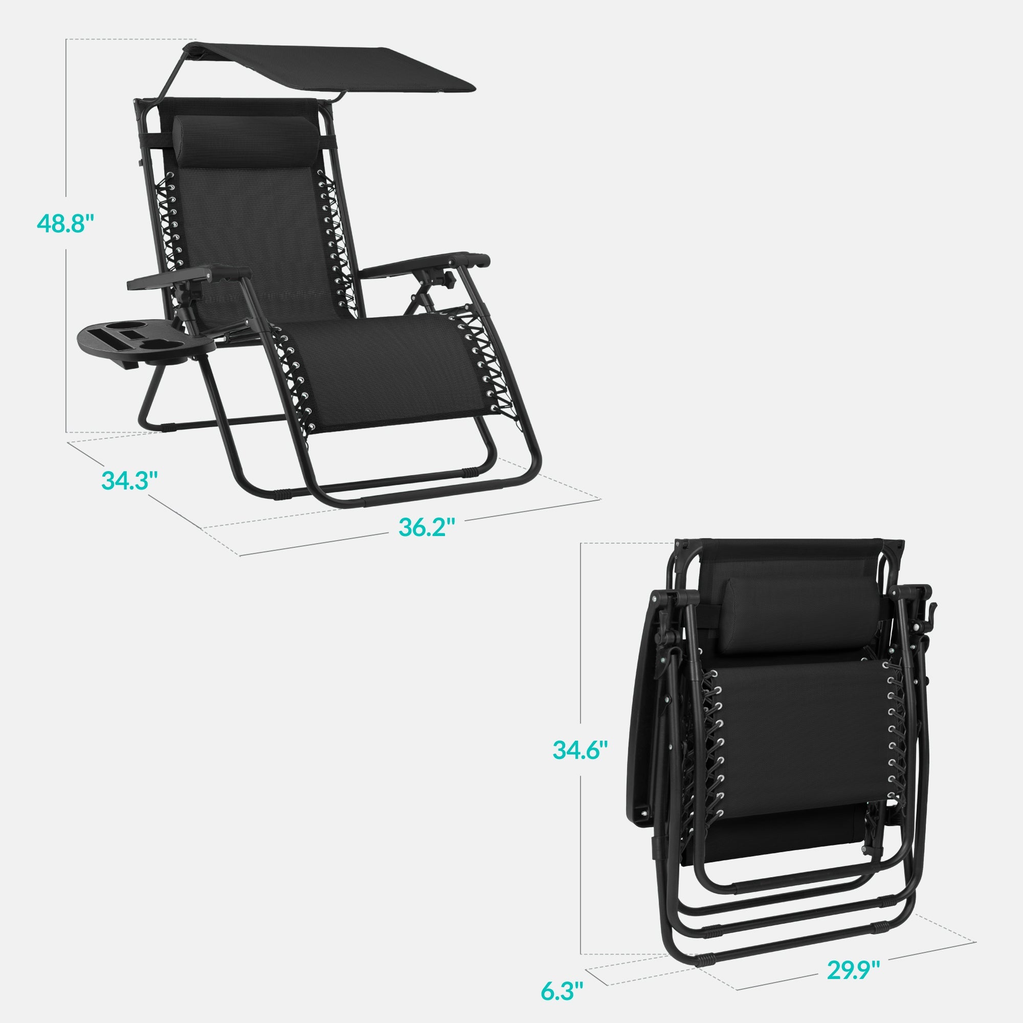 30" Wide Folding Zero Gravity Patio Lounge Chair w/Adjustable Canopy Shade