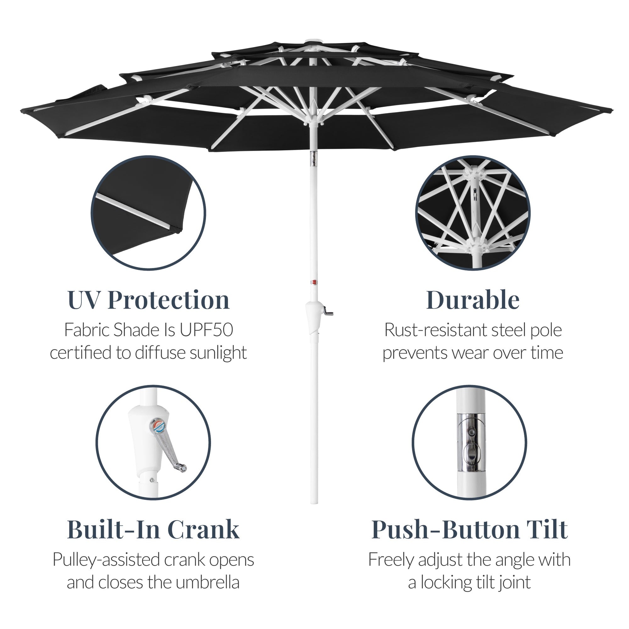 10ft 3-Tier Patio Market Umbrella White Pole, Push Button Tilt, Crank Lift