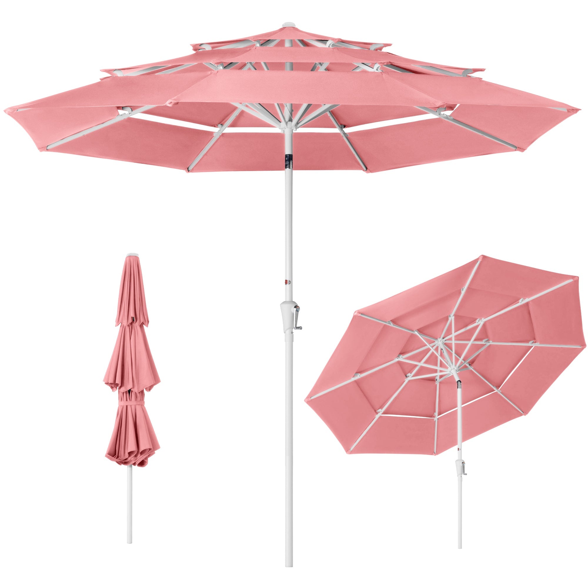 10ft 3-Tier Patio Market Umbrella White Pole, Push Button Tilt, Crank Lift