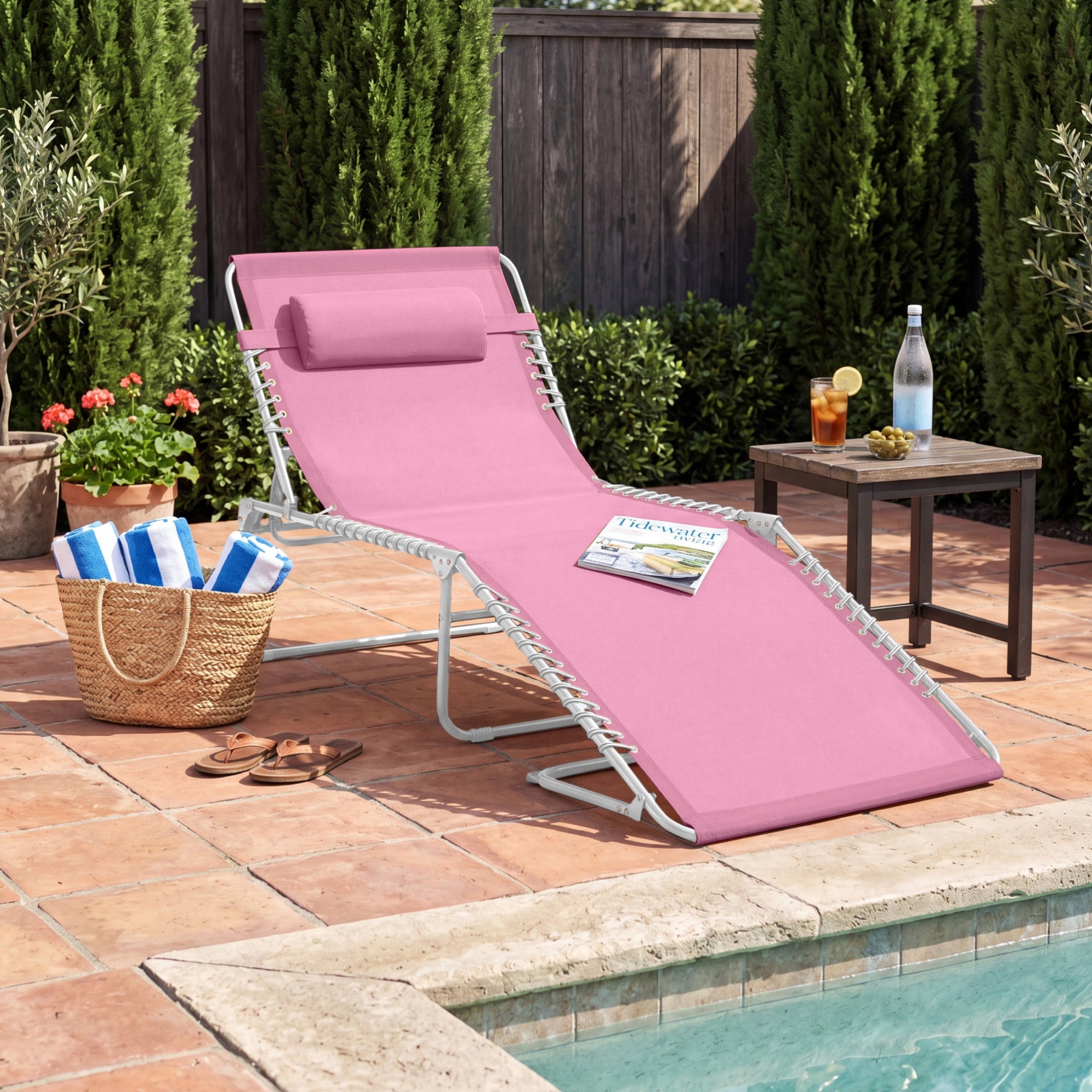 Portable Patio Chaise Lounge Chair Outdoor Recliner w/ Pillow