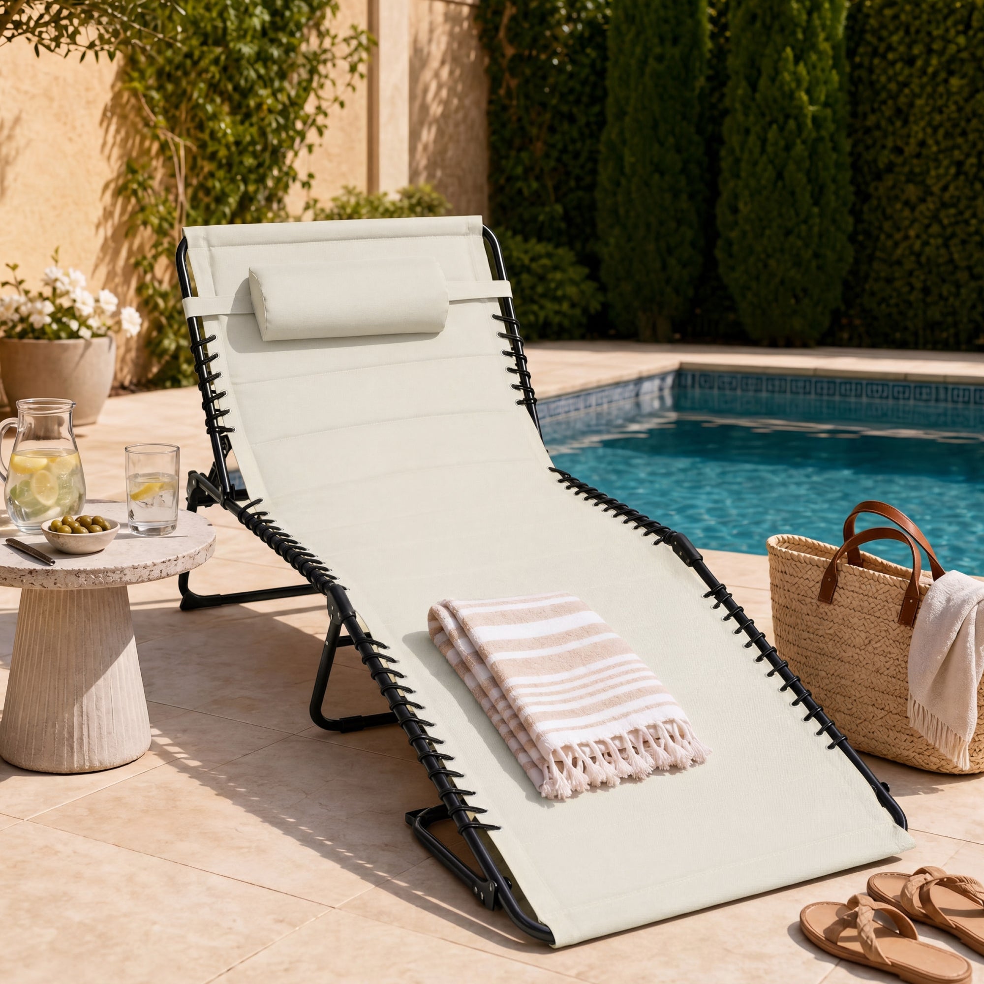 Extra Wide Padded Patio Chaise Lounge Chair, Portable Recliner 8 Positions