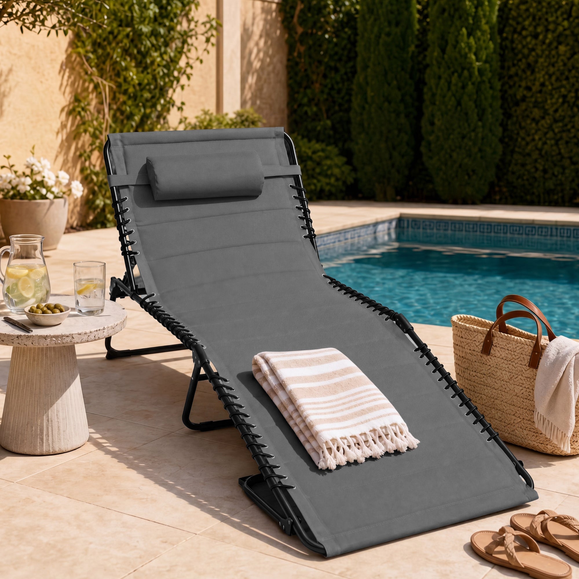 Extra Wide Padded Patio Chaise Lounge Chair, Portable Recliner 8 Positions