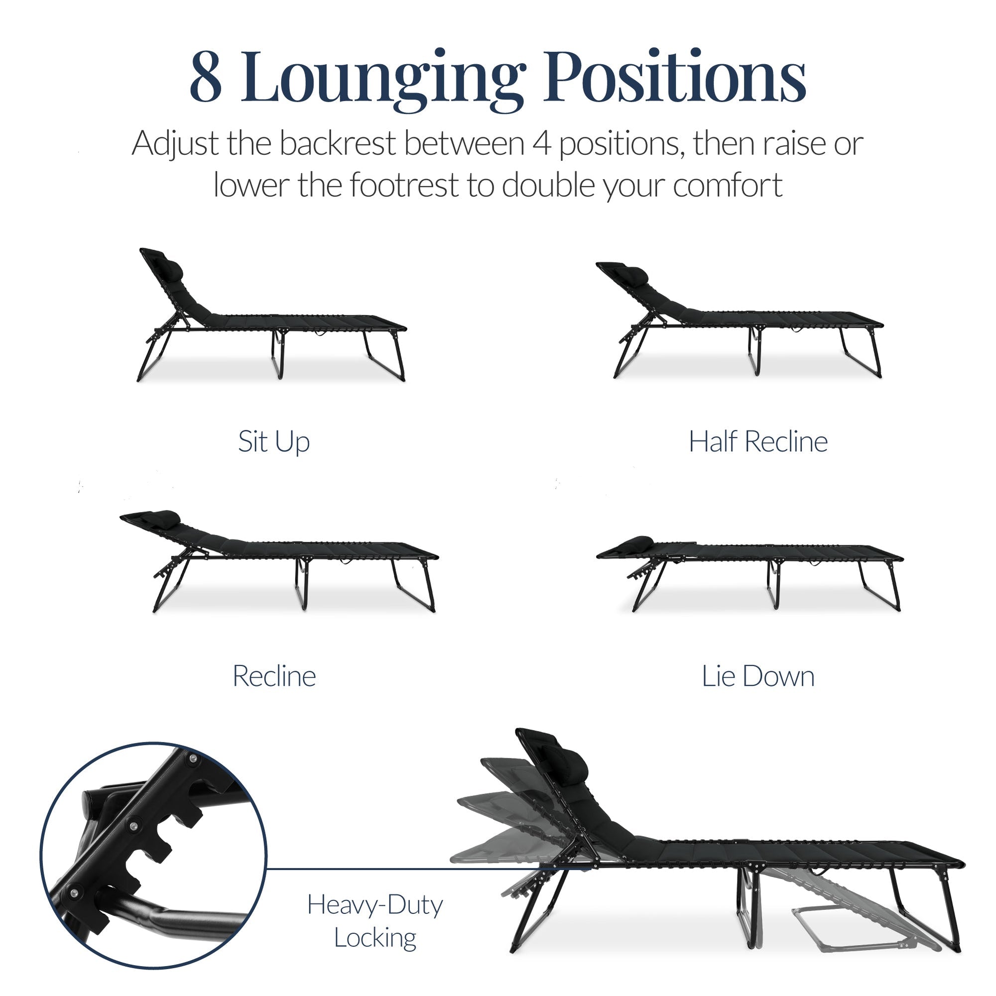 Extra Wide Padded Patio Chaise Lounge Chair, Portable Recliner 8 Positions