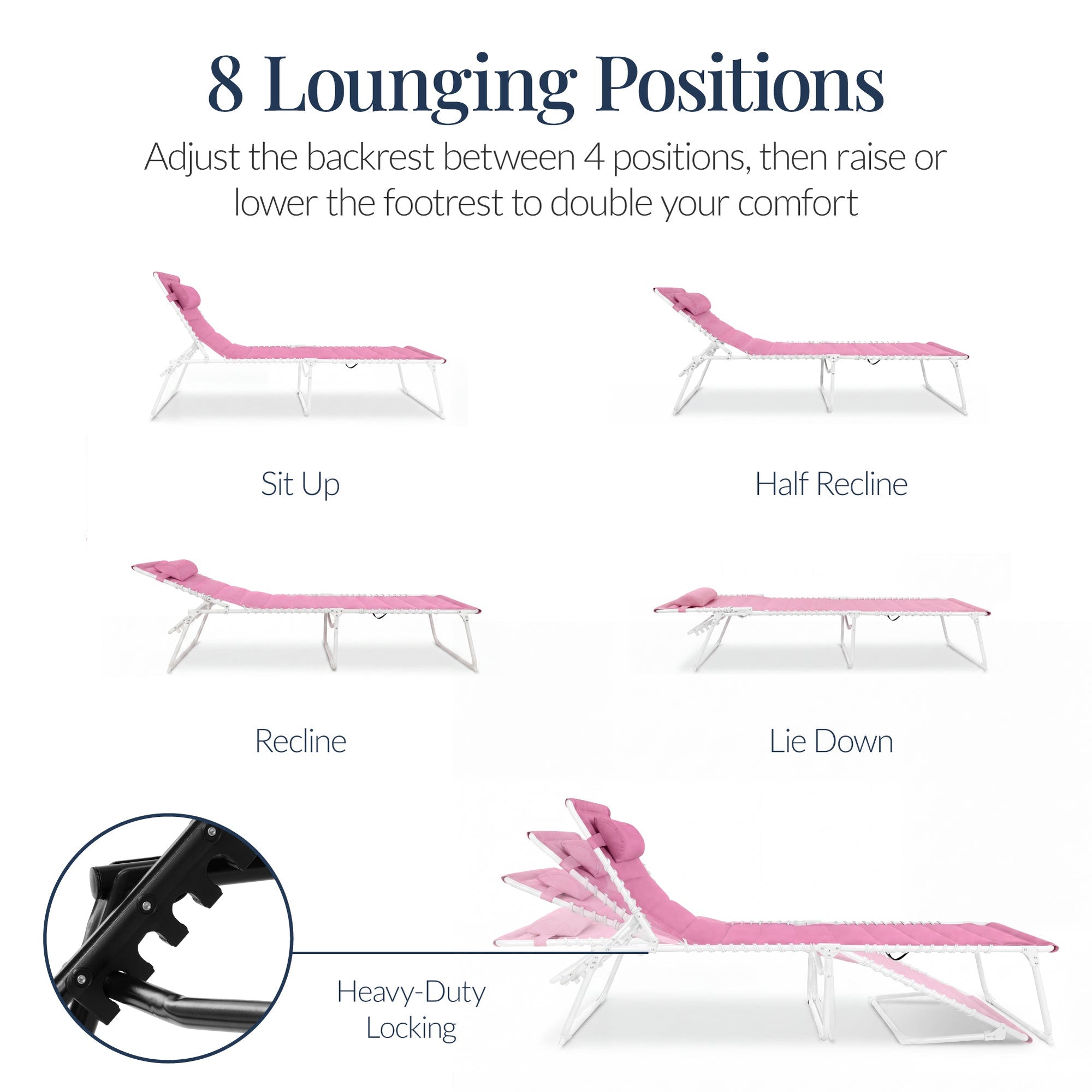 Extra Wide Padded Patio Chaise Lounge Chair, Portable Recliner 8 Positions