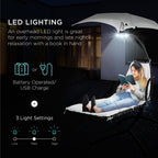 Hanging LED-Lit Curved Chaise Lounge Chair w/ Pillow, Canopy, Stand