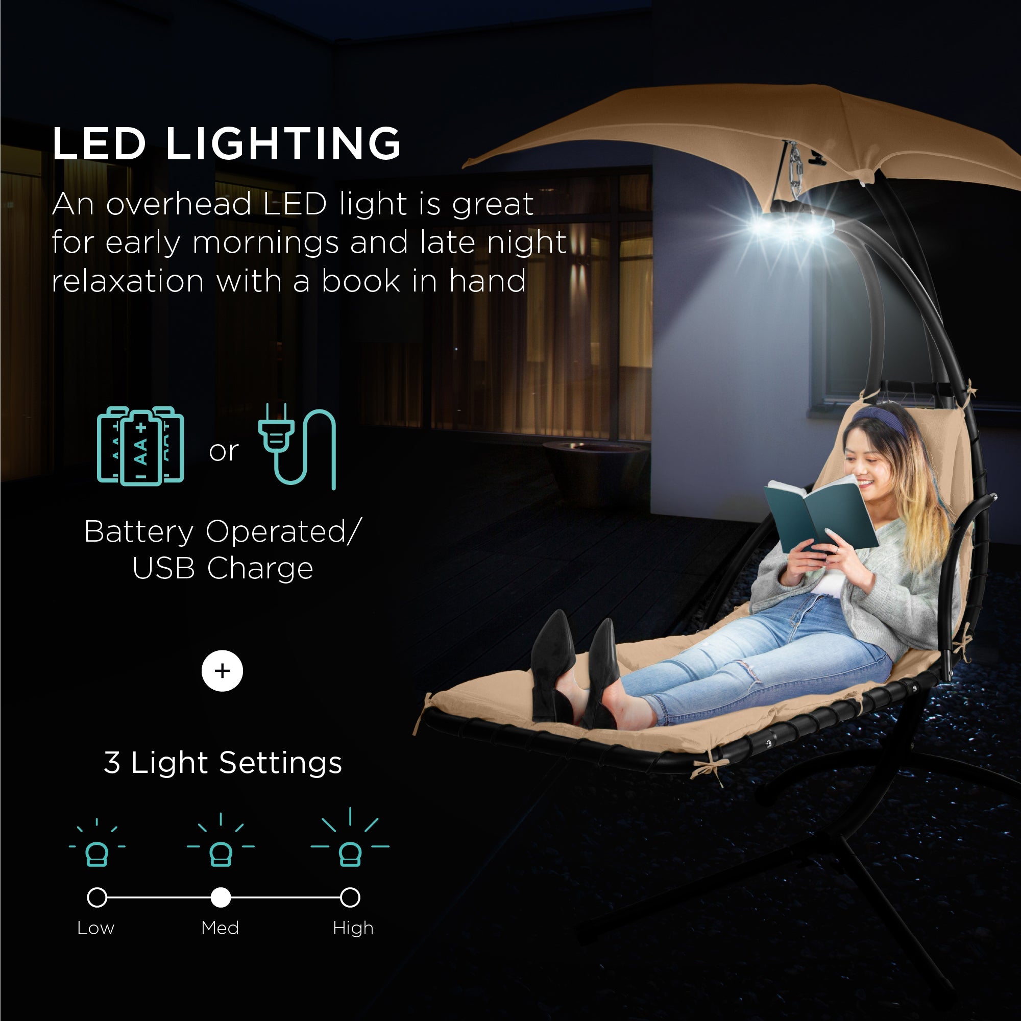 Hanging LED-Lit Curved Chaise Lounge Chair w/ Pillow, Canopy, Stand