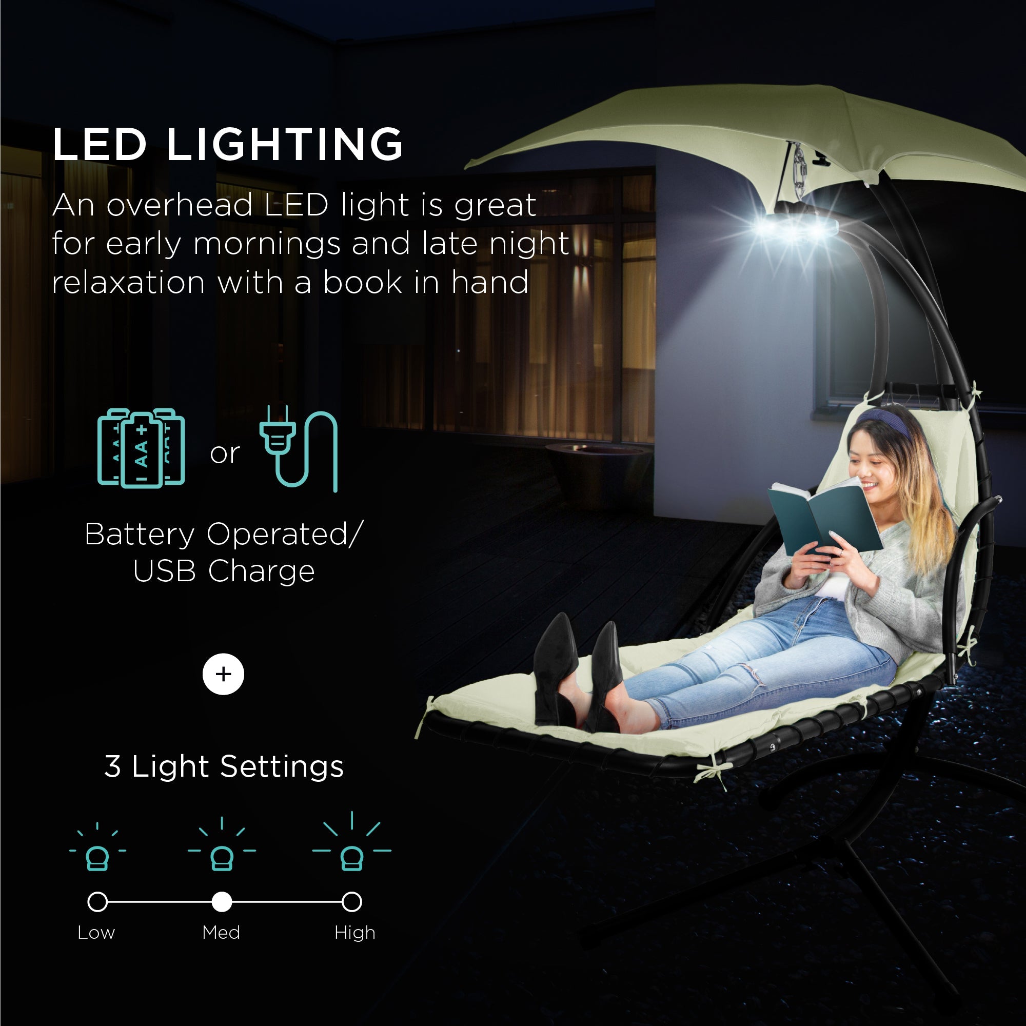 Hanging LED-Lit Curved Chaise Lounge Chair w/ Pillow, Canopy, Stand