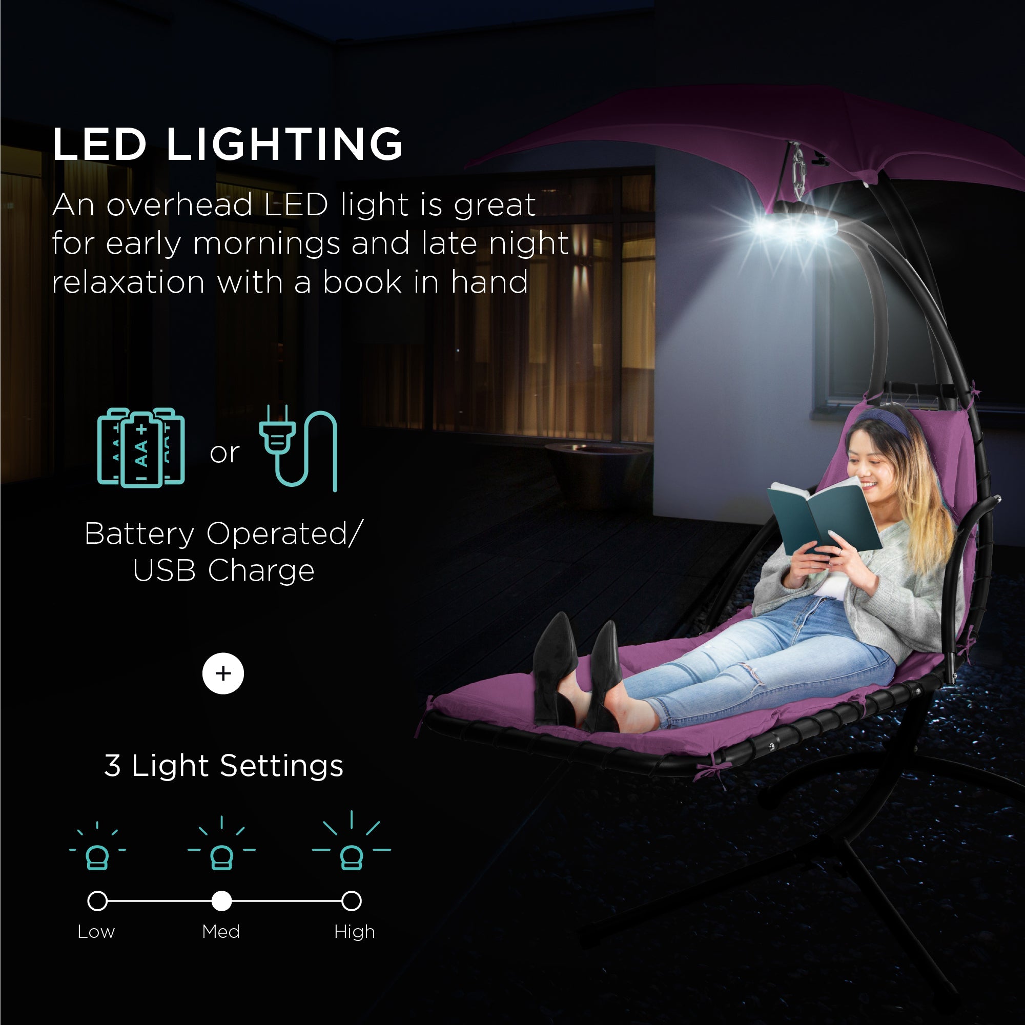Hanging LED-Lit Curved Chaise Lounge Chair w/ Pillow, Canopy, Stand