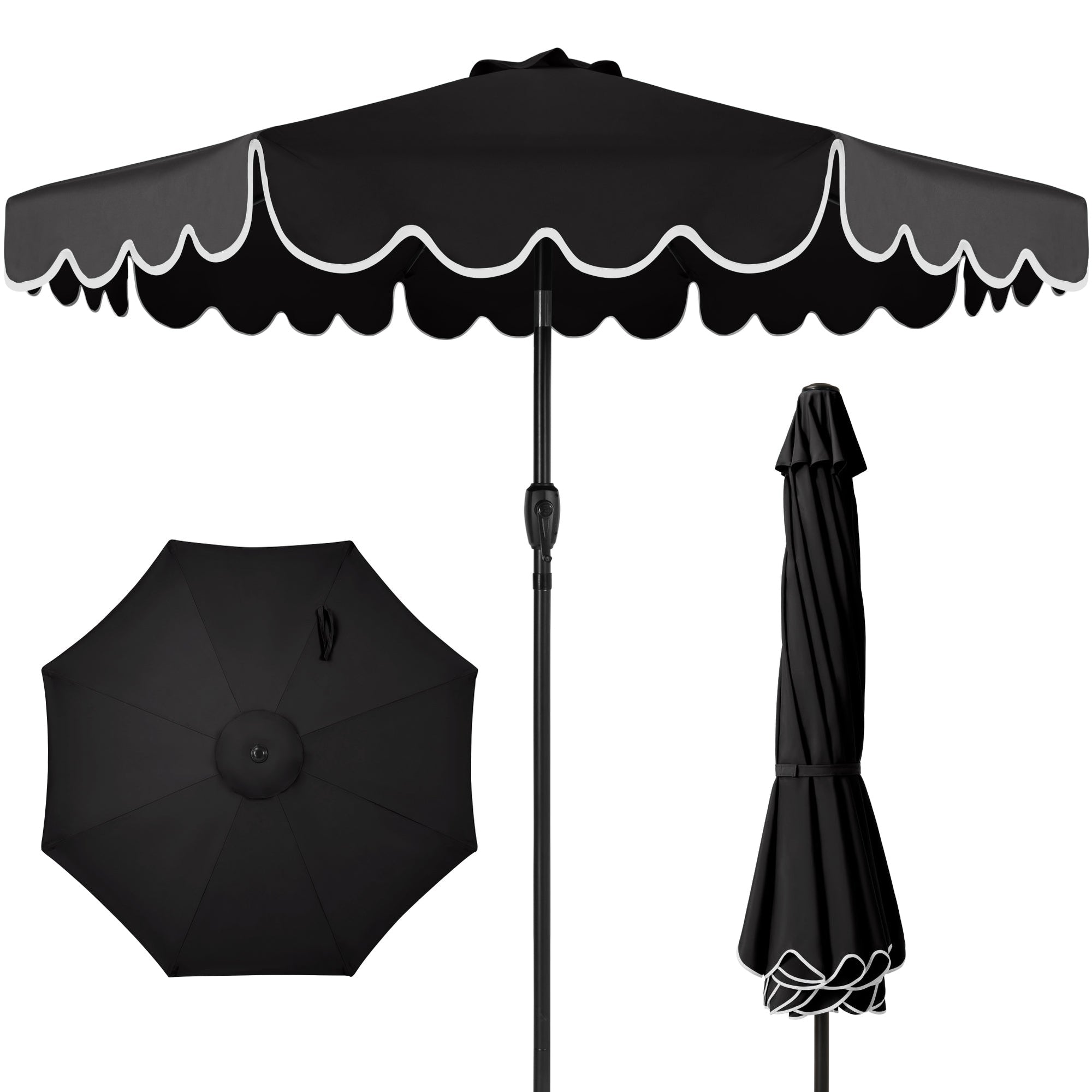 9ft Patio Market Umbrella, Scallop Trim, UV-Fade-Resistant, Crank & Tilt