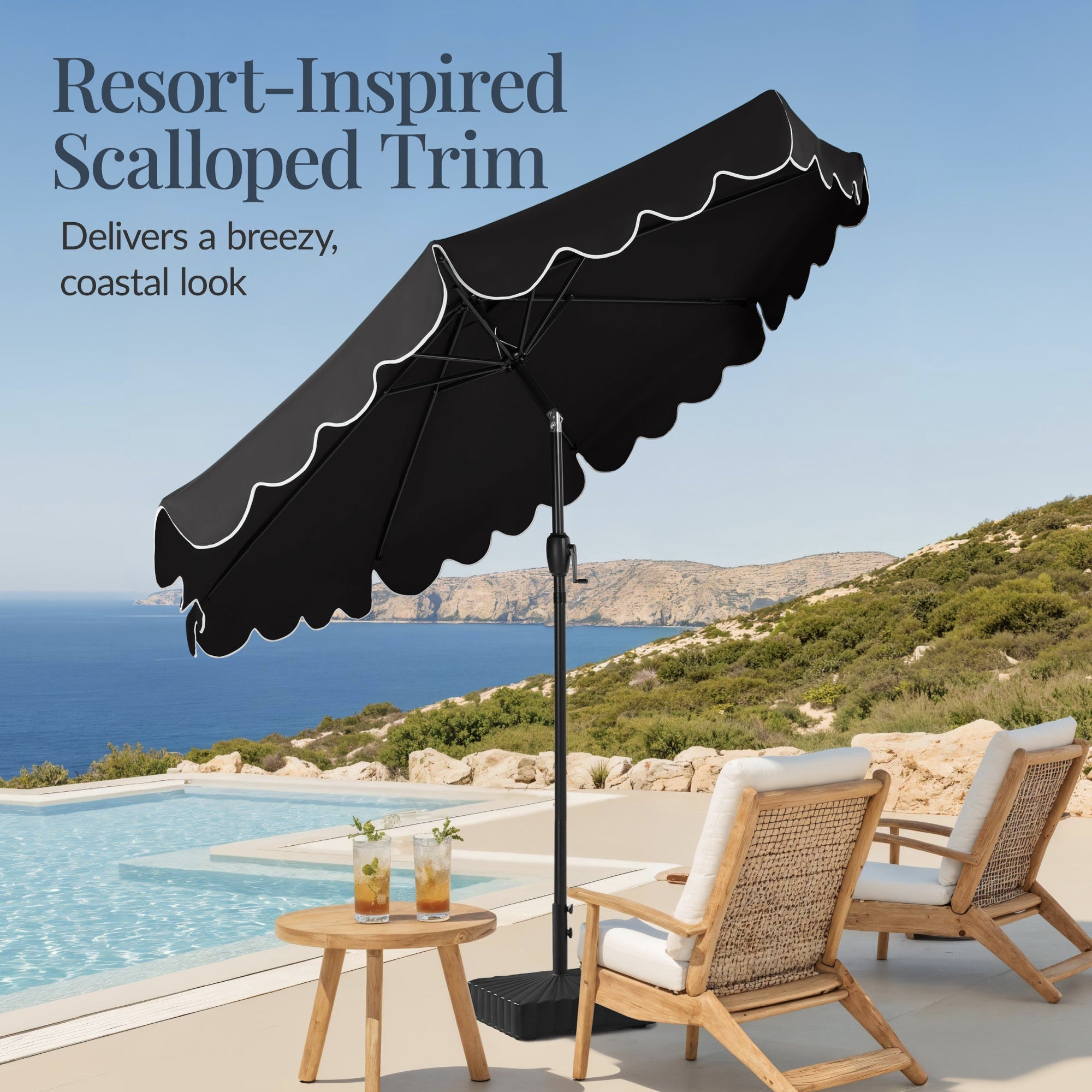 9ft Patio Market Umbrella, Scallop Trim, UV-Fade-Resistant, Crank & Tilt