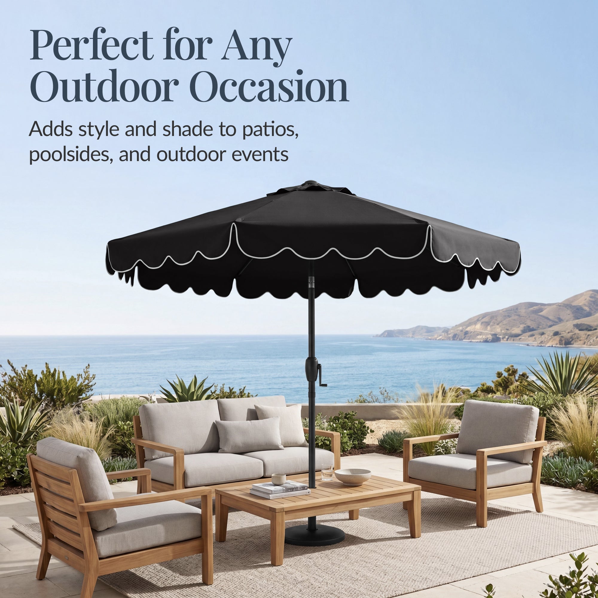 9ft Patio Market Umbrella, Scallop Trim, UV-Fade-Resistant, Crank & Tilt