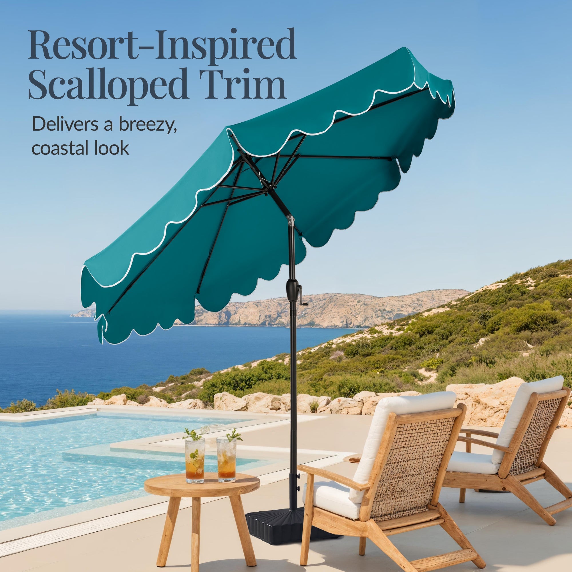 9ft Patio Market Umbrella, Scallop Trim, UV-Fade-Resistant, Crank & Tilt