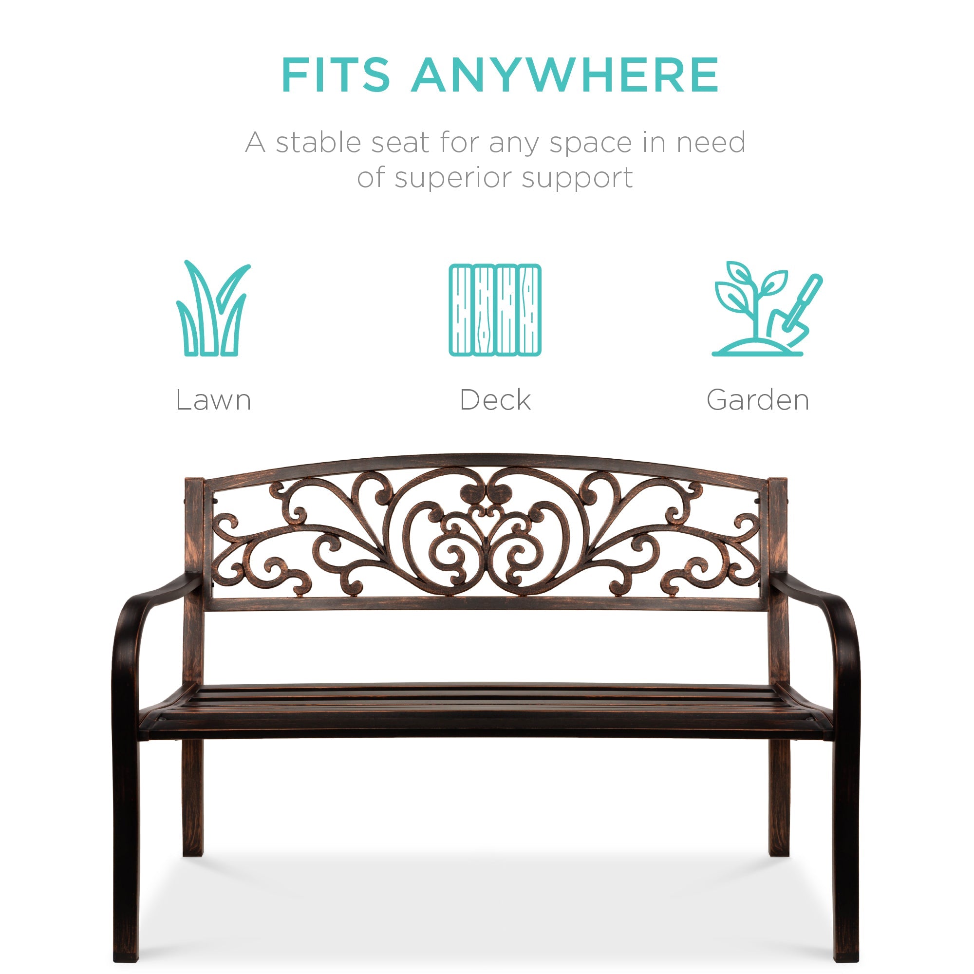 Steel Bench for Outdoor, Patio, Garden w/ Floral Design - 50in