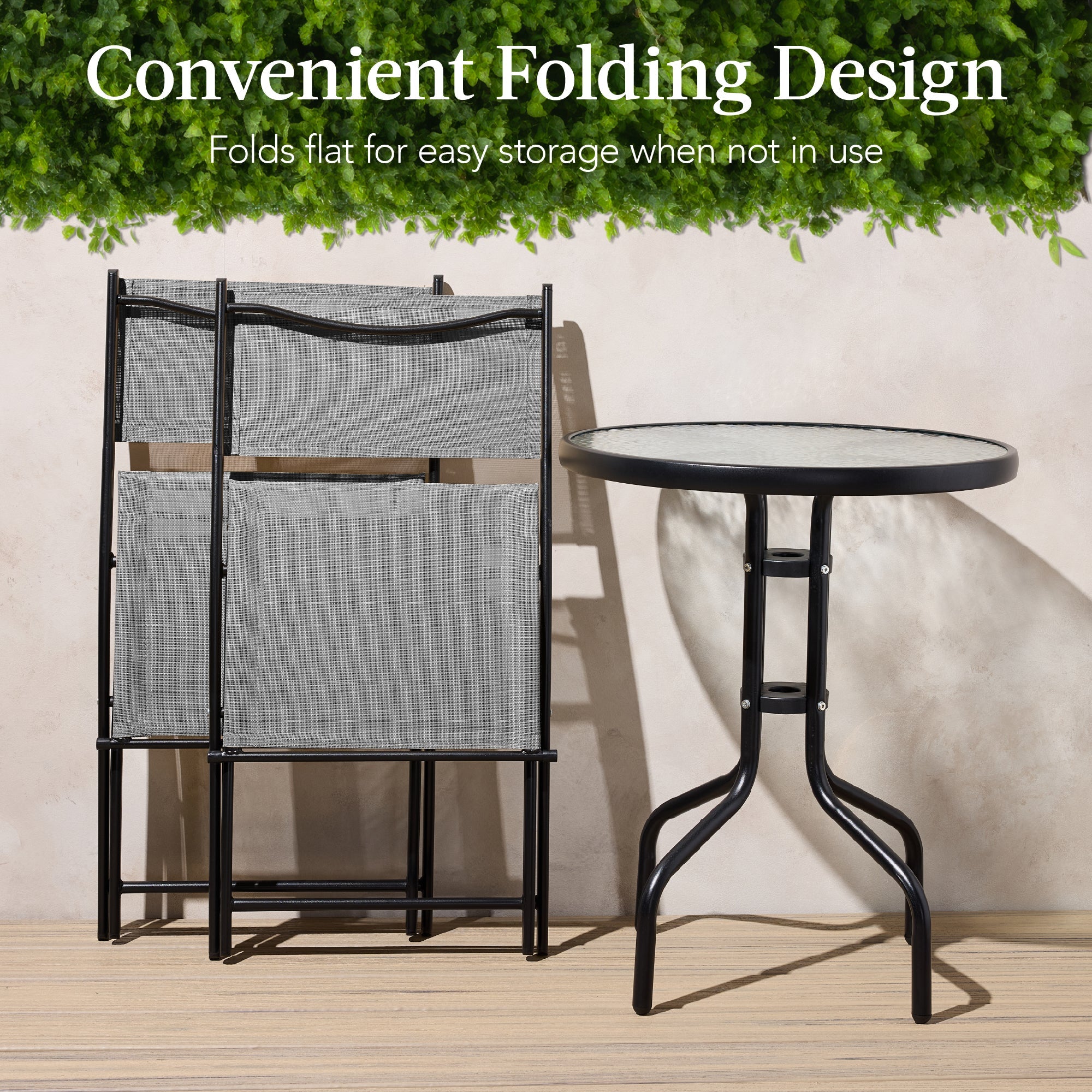 3-Piece Bistro Set w/ Glass Table, 2 Foldable Chairs