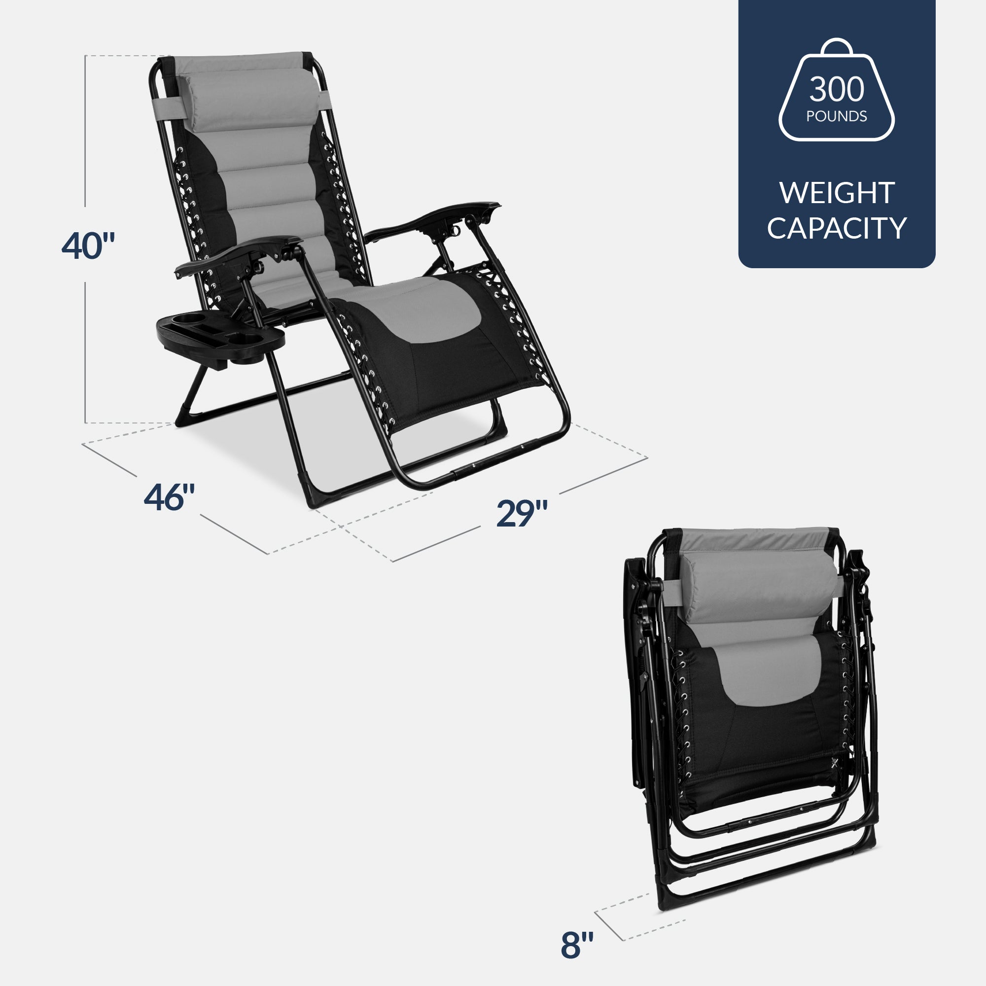 Oversized Padded Zero Gravity Chair, Folding Recliner w/ Headrest, Side Tray
