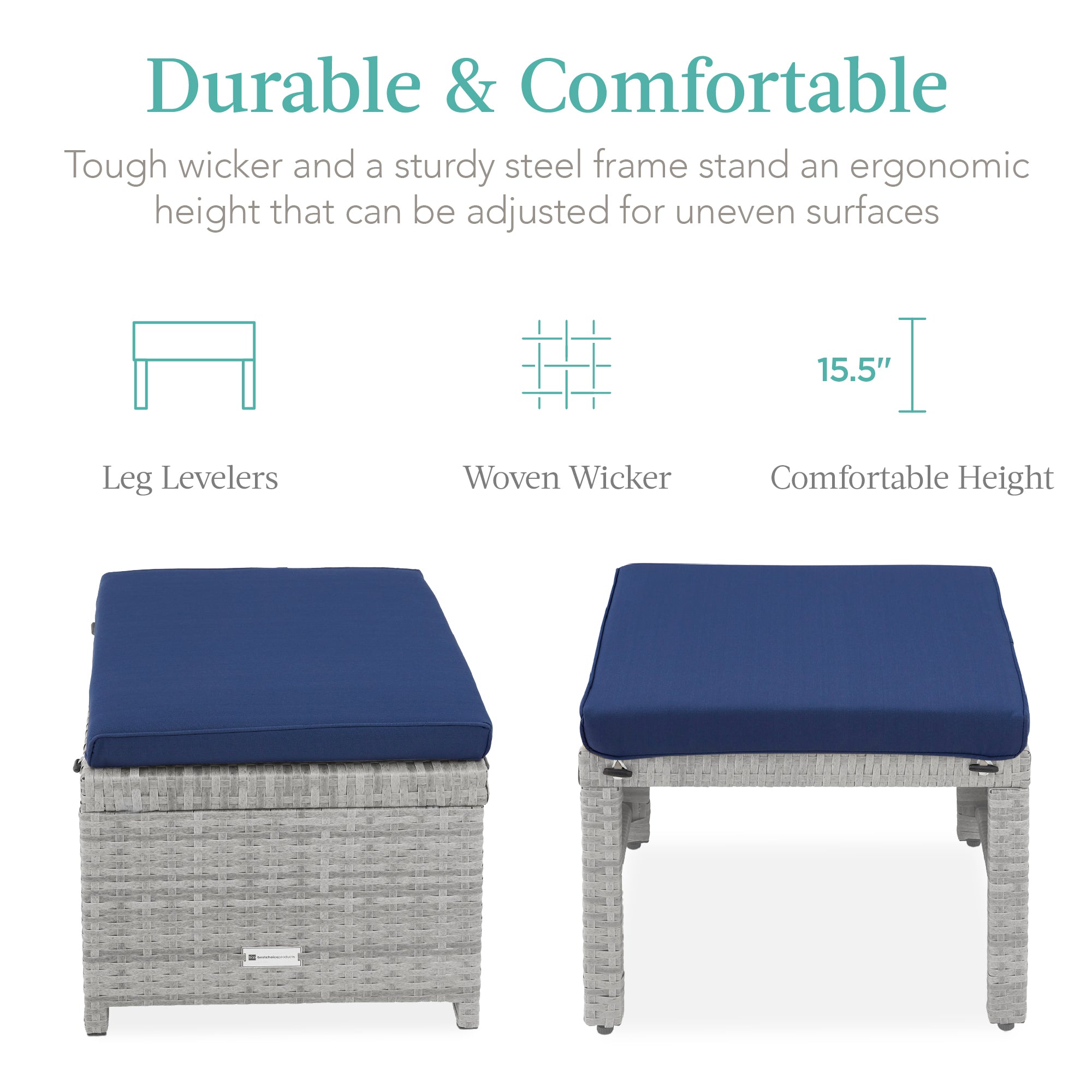 Set of 2 Multipurpose Wicker Ottomans w/ Removable Cushions, Steel Frame