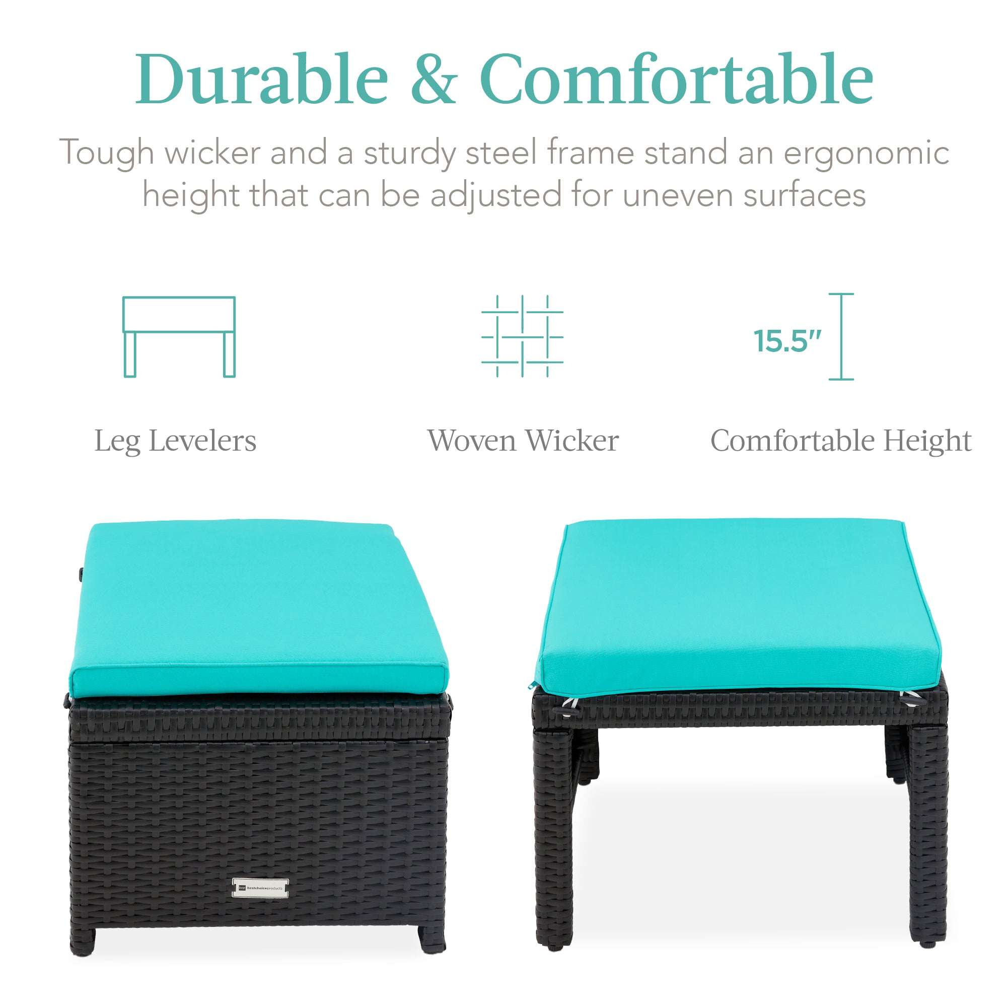 Set of 2 Multipurpose Wicker Ottomans w/ Removable Cushions, Steel Frame