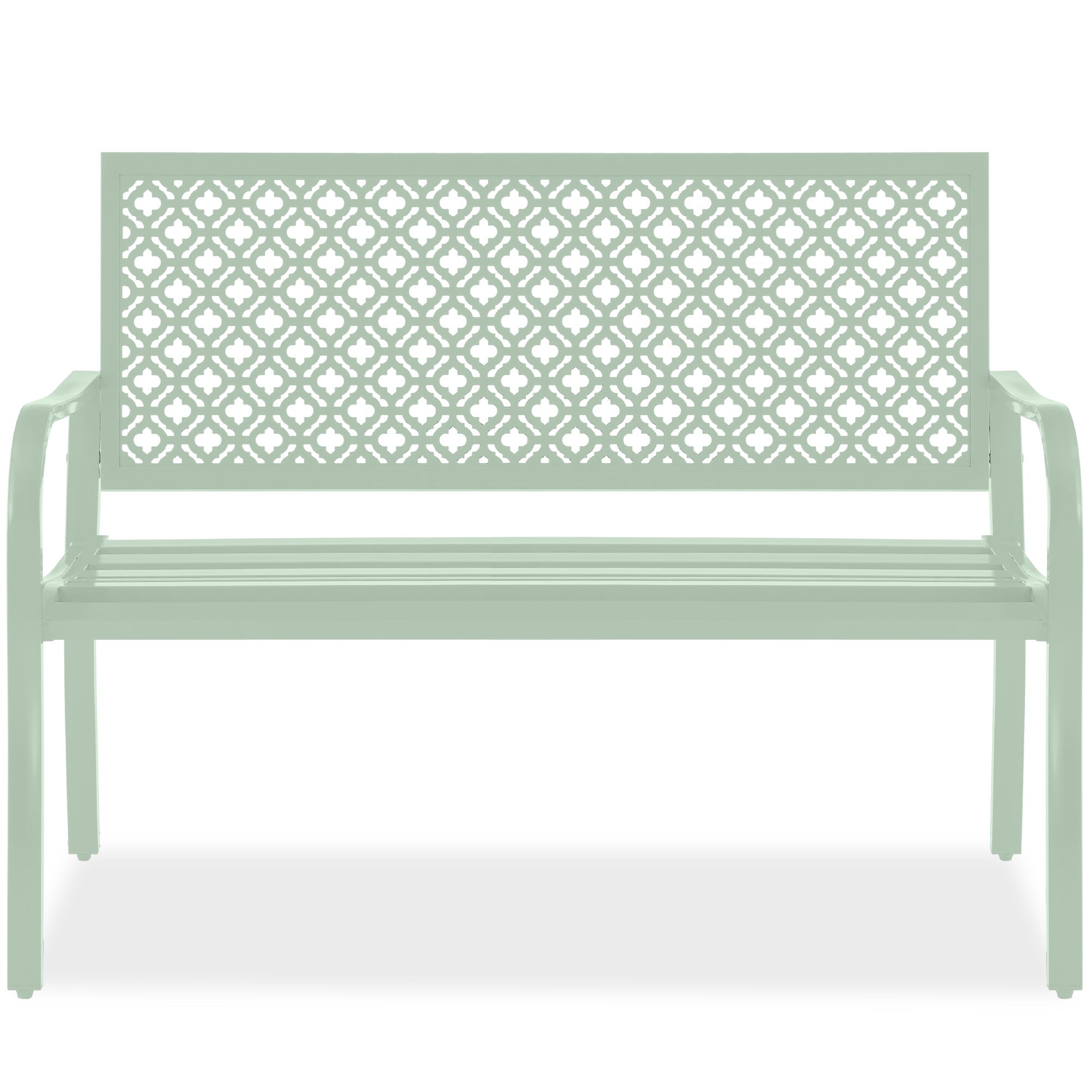 Indoor Outdoor Steel Bench w/ Geometric Backrest, Foot Levelers