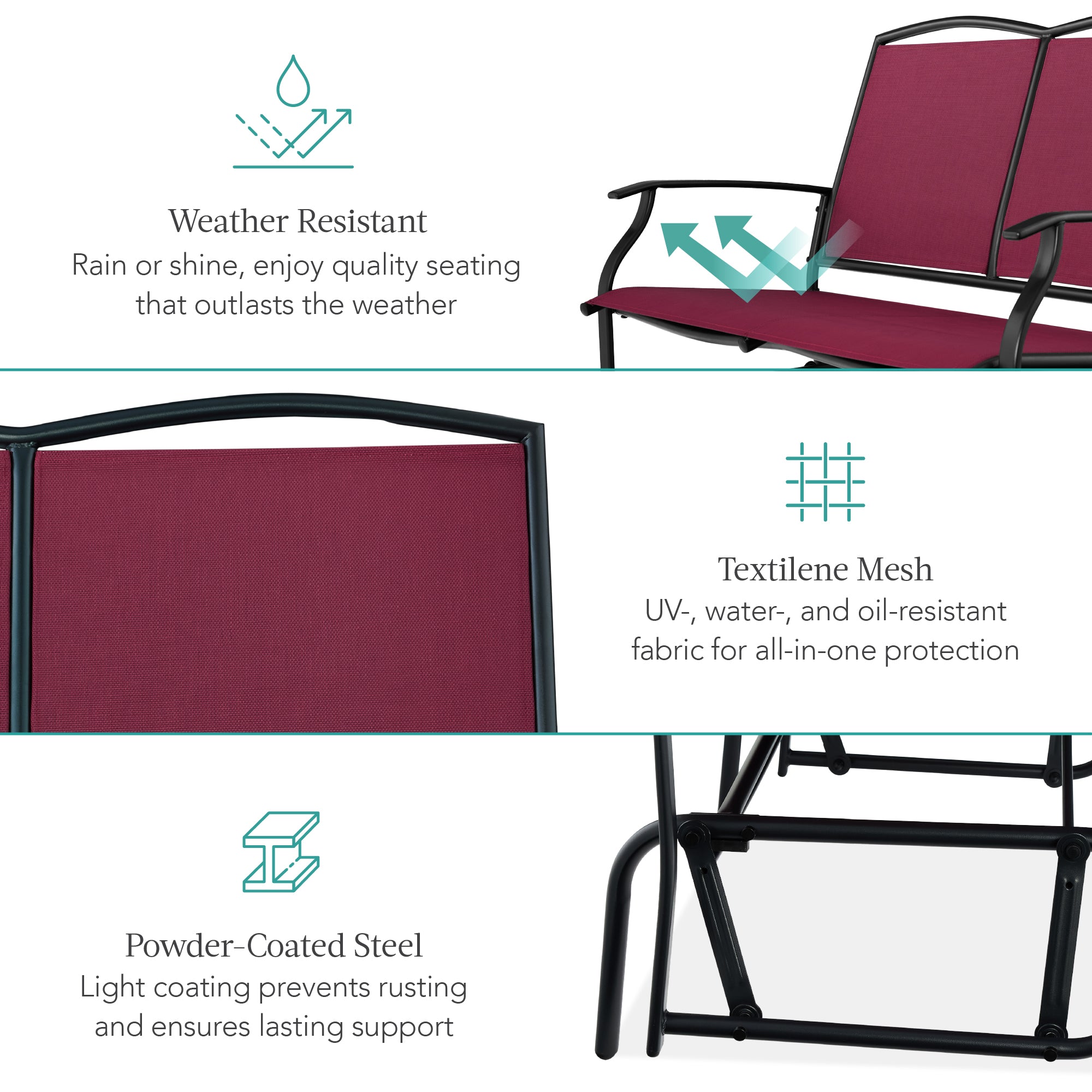 2-Person Patio Loveseat Swing Glider, Bench Rocker w/ Armrests