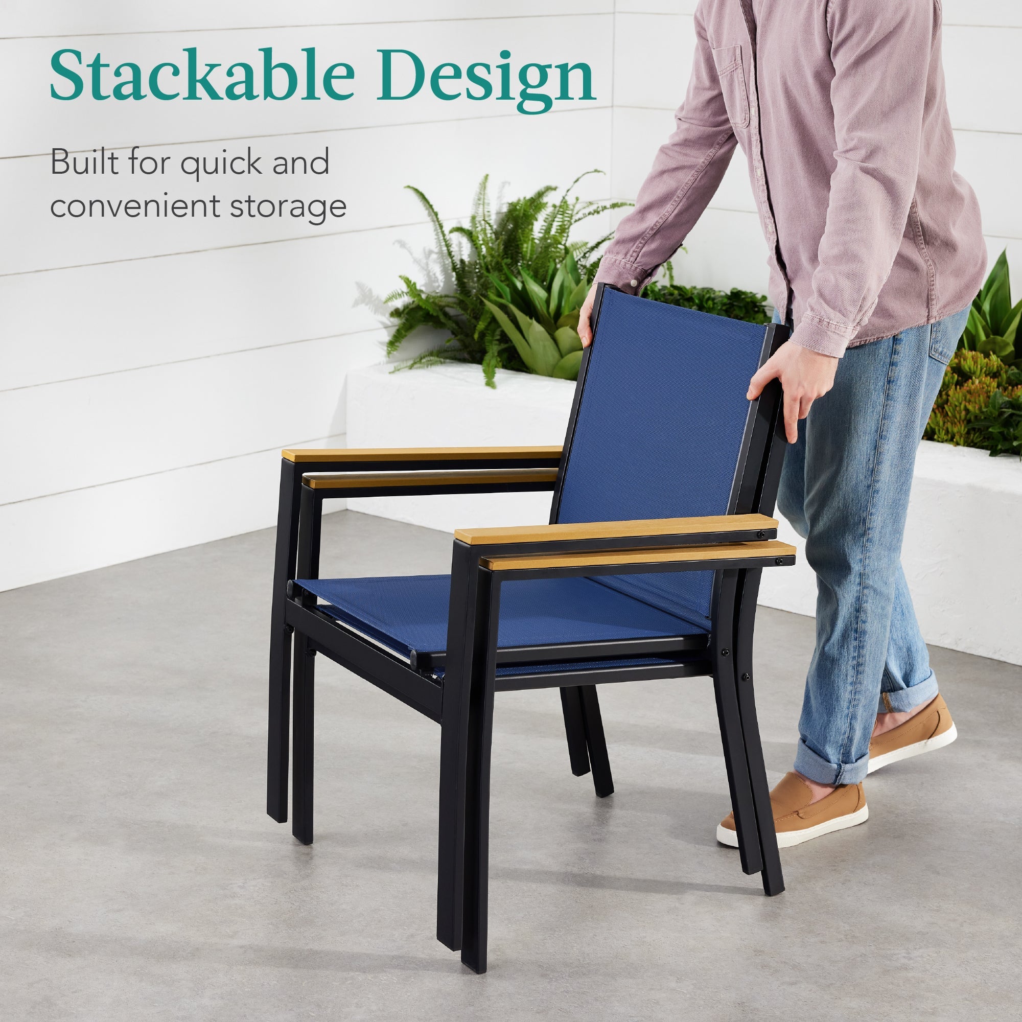 Set of 2 Stackable Textilene Chairs w/ Armrests, Dining Accent Furniture