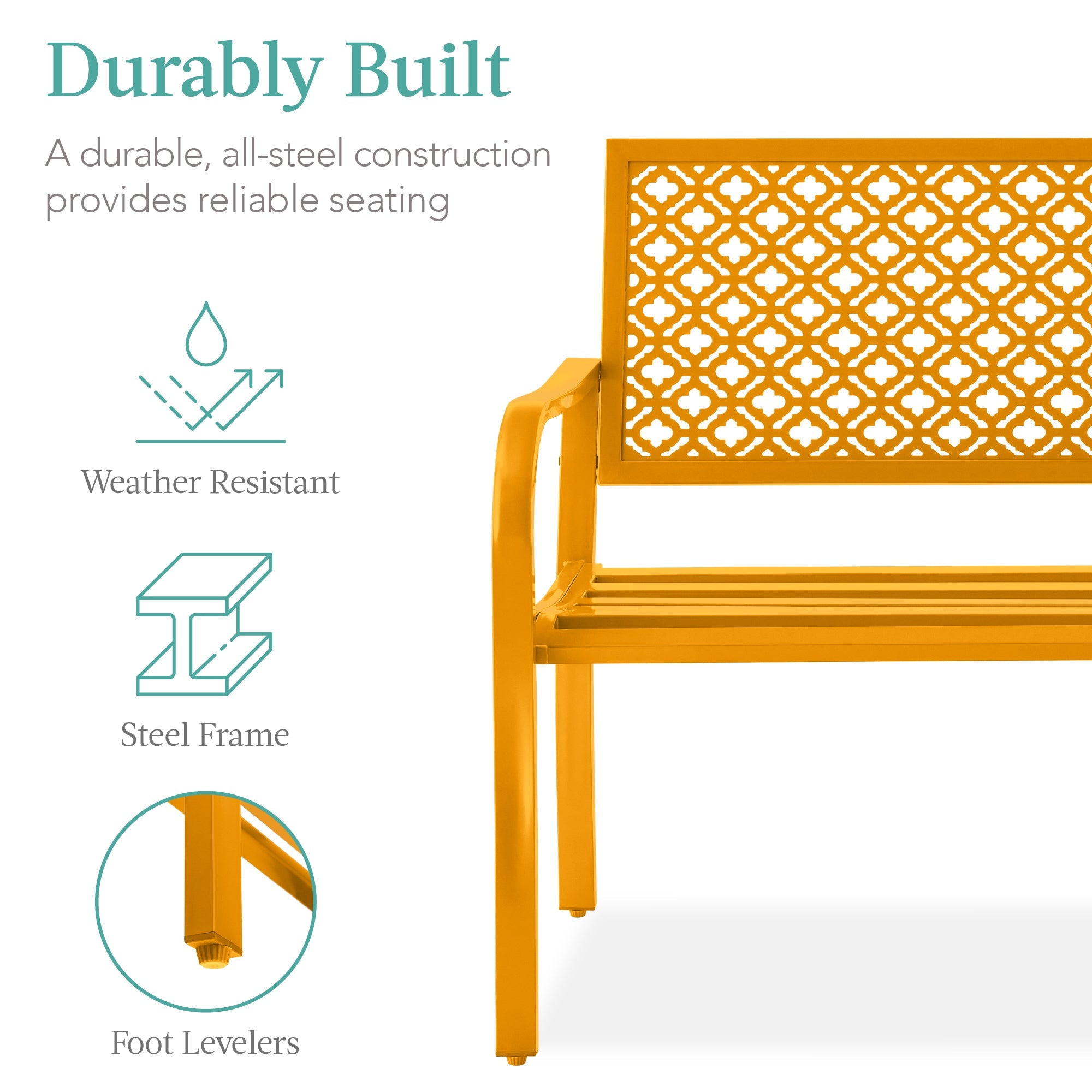 Indoor Outdoor Steel Bench w/ Geometric Backrest, Foot Levelers