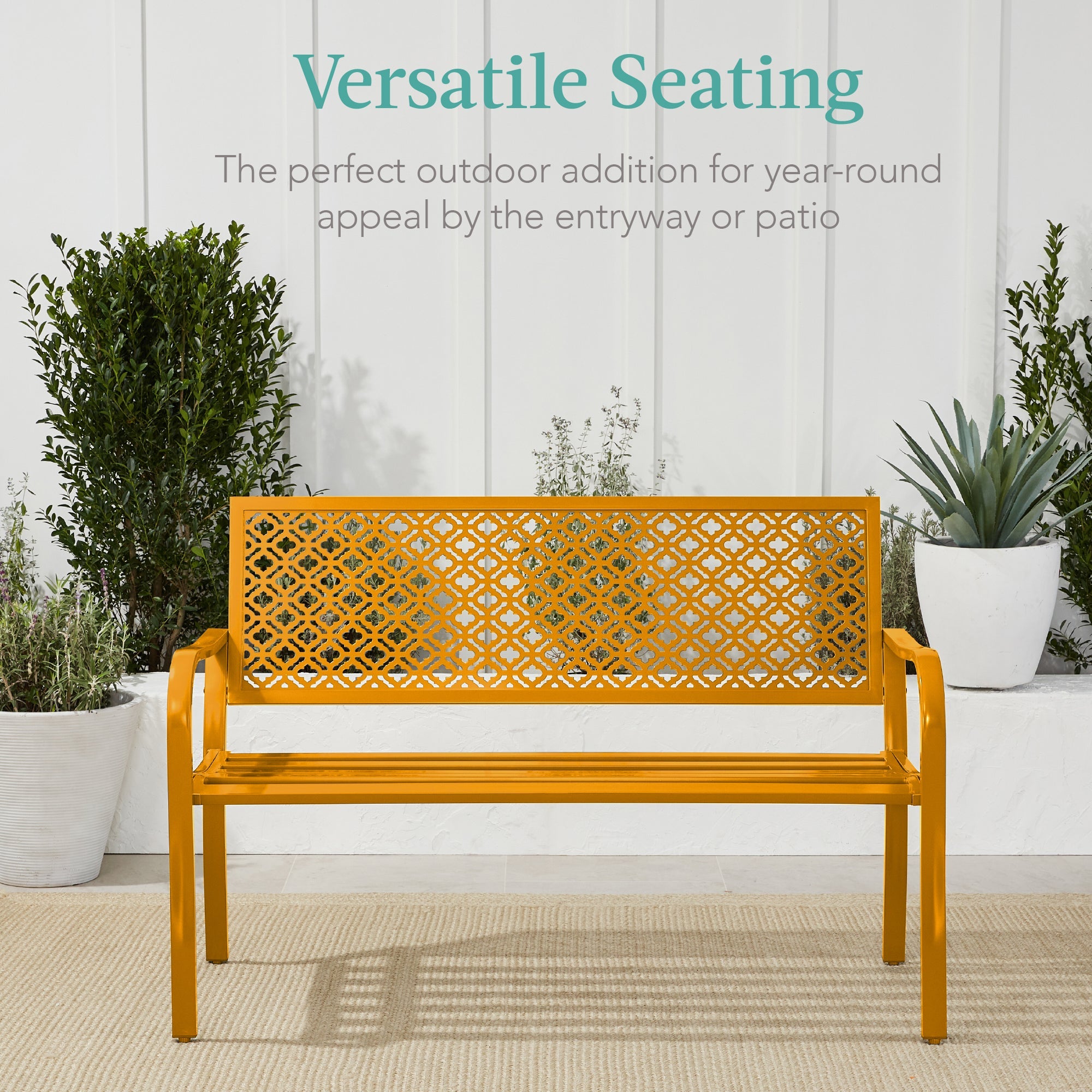 Indoor Outdoor Steel Bench w/ Geometric Backrest, Foot Levelers