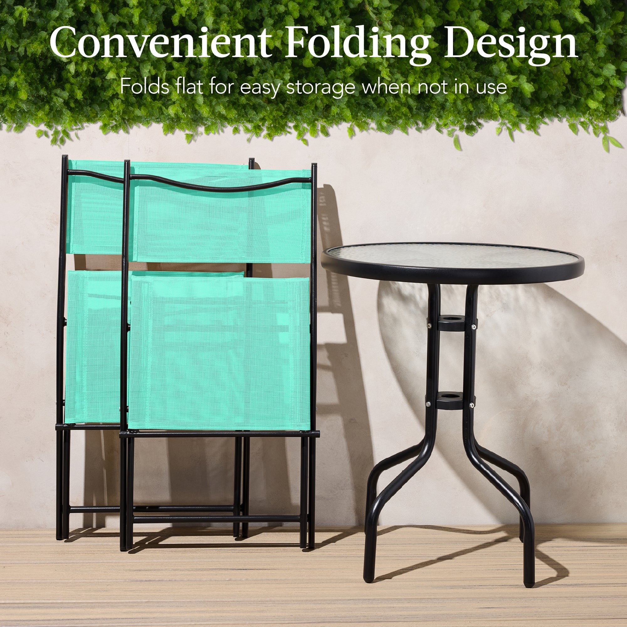3-Piece Bistro Set w/ Glass Table, 2 Foldable Chairs