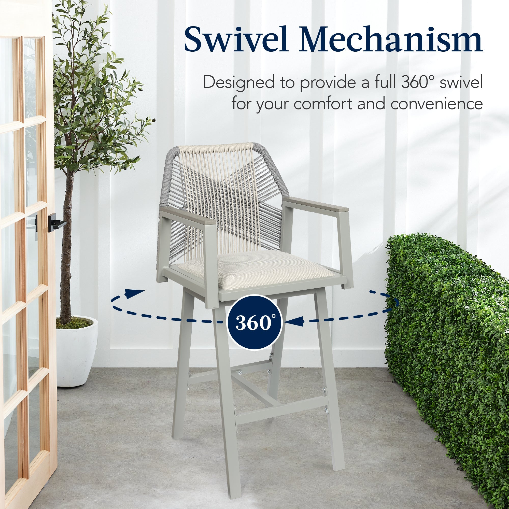Set of 2 Indoor/Outdoor Aluminum Swivel Barstools with Arms All-Weather Rope