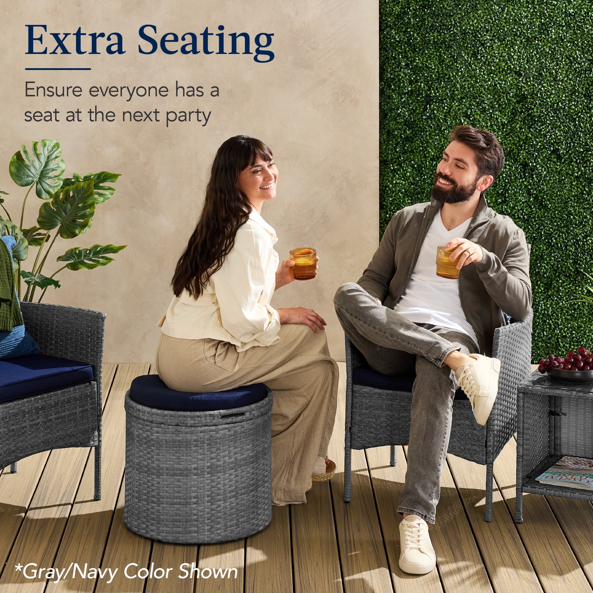 Round Wicker Ottoman, Multipurpose Furniture w/ Removable Cushion