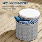 Round Wicker Ottoman, Multipurpose Furniture w/ Removable Cushion