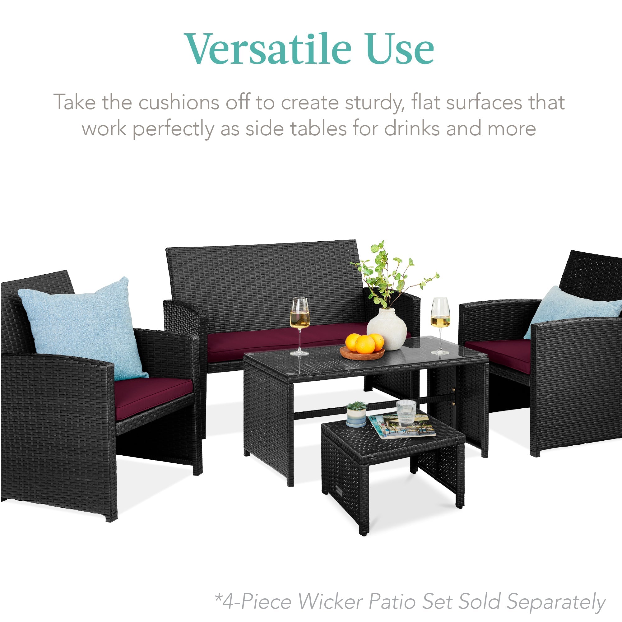 Set of 2 Multipurpose Wicker Ottomans w/ Removable Cushions, Steel Frame