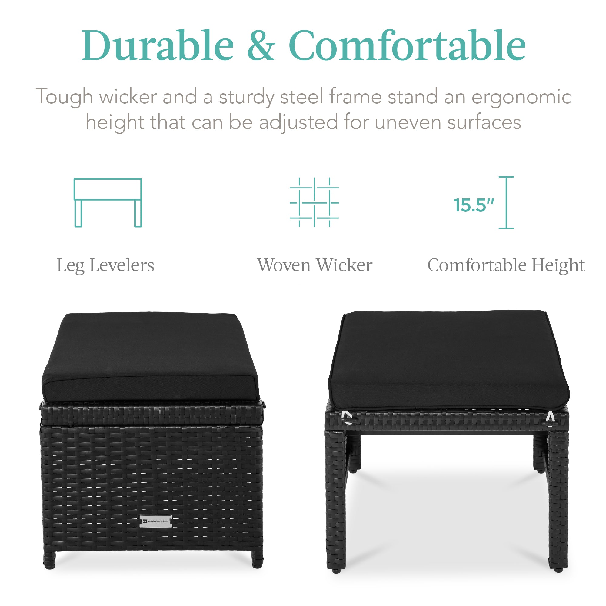 Set of 2 Multipurpose Wicker Ottomans w/ Removable Cushions, Steel Frame