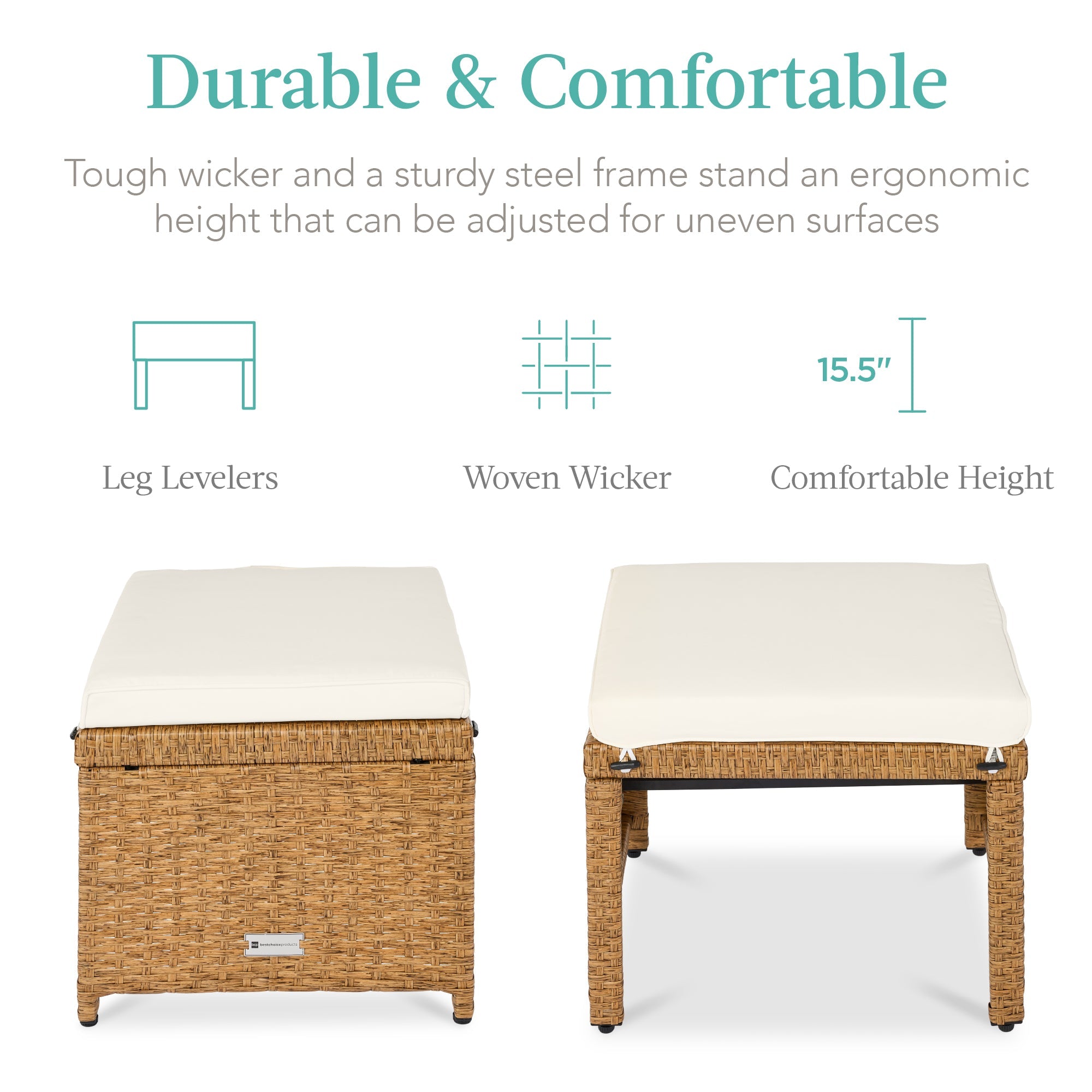 Set of 2 Multipurpose Wicker Ottomans w/ Removable Cushions, Steel Frame