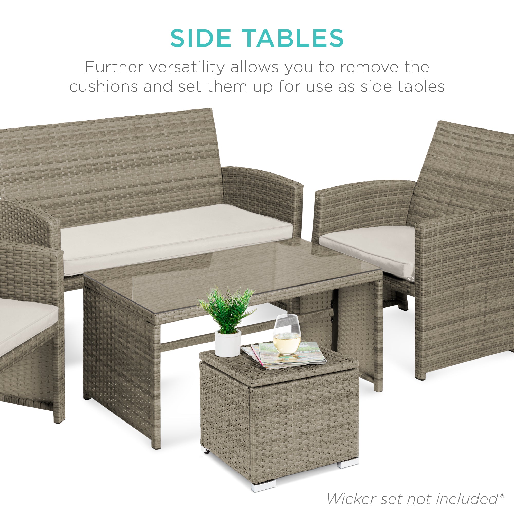 Set of 2 Wicker Ottomans, Multipurpose w/ Removable Cushions, Steel Frame
