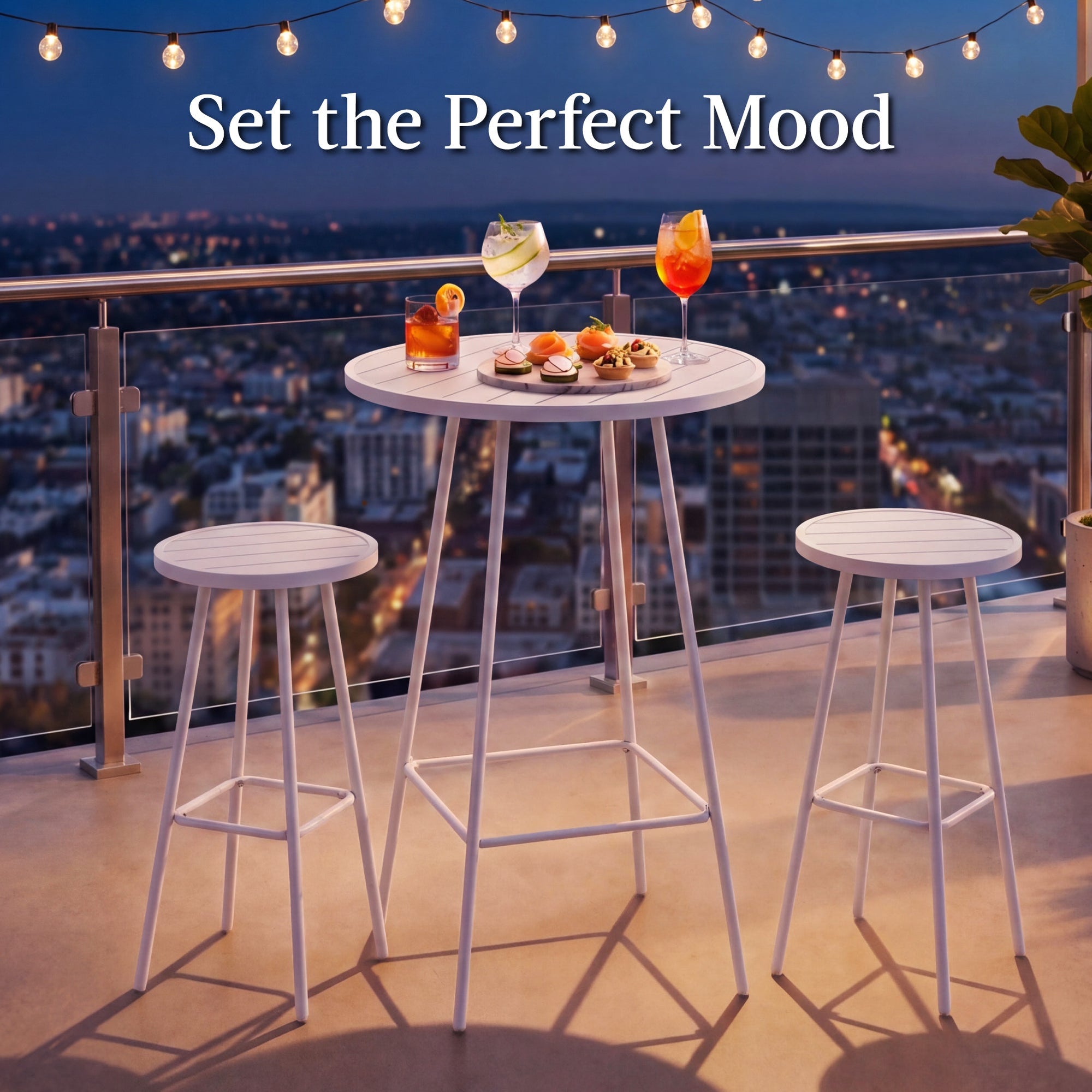 3-Piece Patio Bar Height Bistro Set w/ Backless Stools, Slatted Design