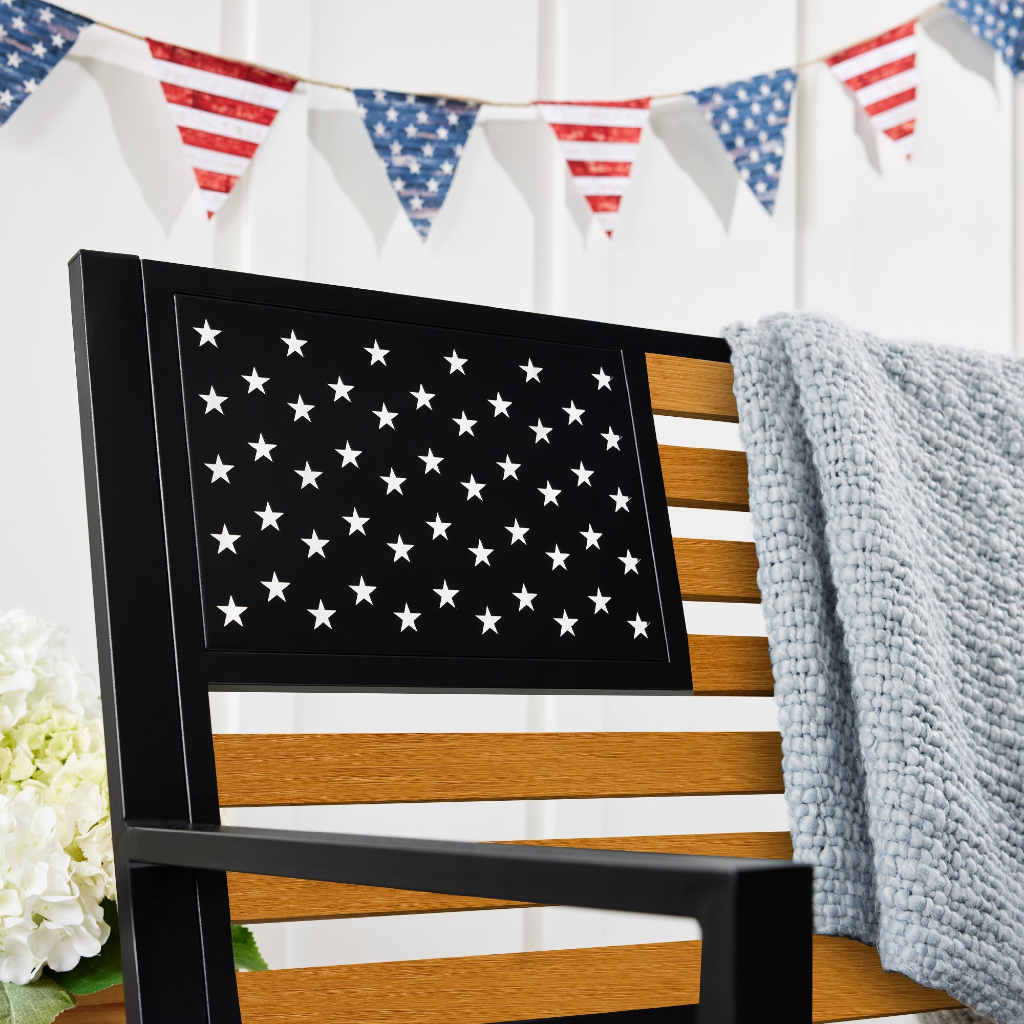 Indoor Outdoor Steel Bench w/ American Flag Backrest, 790lb Capacity