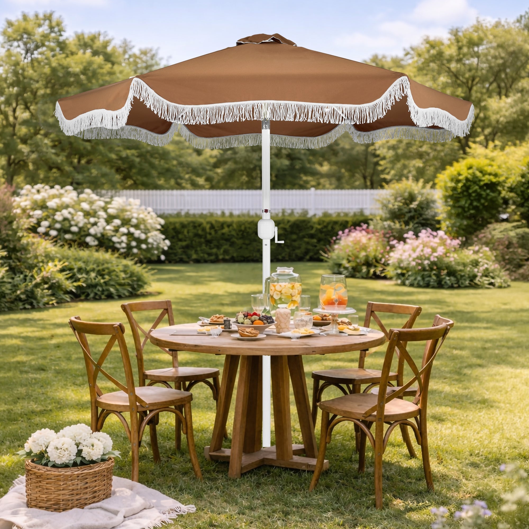 9ft Boho Fringe Umbrella  Tilt, UPF50+, Steel Pole