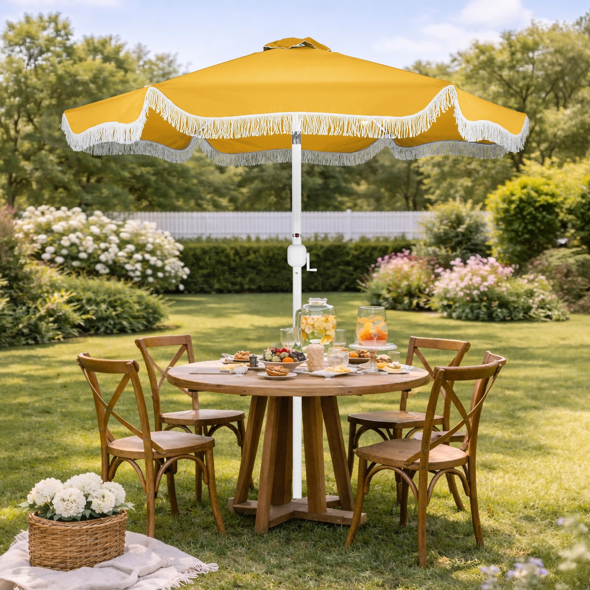 9ft Boho Fringe Umbrella  Tilt, UPF50+, Steel Pole